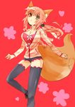  animal_ears bow breasts casual fate/extra fate_(series) fox_ears fox_tail hair_bow hair_ribbon izumi_minato large_breasts long_hair pink_hair ribbon solo tail tamamo_(fate)_(all) tamamo_no_mae_(fate) thighhighs twintails yellow_eyes 