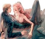  1boy 1girl blonde_hair breasts clothed_male_nude_female clothed_on_nude edgar_roni_figaro esper final_fantasy final_fantasy_vi long_hair monster_girl no_nipples nude pink_hair pink_skin ponytail ren_mizuha tina_branford trance_tina_branford 