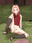  1girl arm_support arm_warmers ass bare_shoulders black_boots black_gloves blush boots bottomless censored feet flat_chest forest gloves grass green_eyes hand_on_ass haruno_sakura head_tilt headband knee_up legs looking_at_viewer mosaic_censoring naruto nature ninja no_anus no_panties on_ground open_toe_shoes pink_hair presenting pussy pussy_juice shirt short_hair sitting sleeveless sleeveless_shirt smile solo spread_legs sweat thighs toenails toes wet 