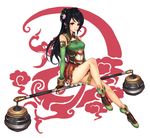  absurdres bare_shoulders black_hair brown_eyes flower guan_yinping gyakushuu_no_hoshiumi hair_flower hair_ornament highres polearm shin_sangoku_musou shin_sangoku_musou_7 sitting skirt smile solo weapon 