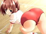  ass bad_anatomy brown_hair buruma game_cg hogeroh looking_back natsuki_mayu ryoujoku_gakuen solo 