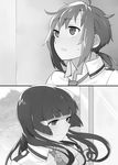  aoki_reika bad_id bad_pixiv_id blush eye_contact greyscale hino_akane_(smile_precure!) light_smile long_hair looking_at_another monochrome multiple_girls nanairogaoka_middle_school_uniform precure school_uniform short_hair smile_precure! yomosaka 