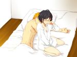  1boy 1girl 3_(200870239) 4:3 abs bed black_hair bleach couple dress_shirt eyes_closed kuchiki_rukia kurosaki_ichigo lying on_bed on_side open_mouth orange_hair pillow shirt shirtless short_hair sitting sleeping waking_up yawning 