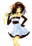  absurdres black_gloves blue_skirt blush bouquet brown_eyes brown_hair dress elbow_gloves flower formal gloves hairband hand_on_hip highres itou_noiji jewelry lipstick makeup necklace official_art orange_hairband pearl_necklace scan short_hair skirt sleeveless sleeveless_dress smile solo suzumiya_haruhi suzumiya_haruhi_no_yuuutsu white_background 