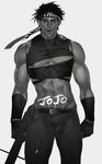  abs bow_(weapon) crop_top crossbow emg_(christain) fingerless_gloves gloves greyscale headband jojo_no_kimyou_na_bouken joseph_joestar_(young) male_focus midriff monochrome solo weapon 
