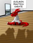  claws comic digimon dragon guilmon hector21314 hi_res karate looking_at_viewer looking_back red_body robe scalie shadow spanish_text text toe_claws yellow_eyes 