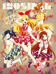  aikatsu! aikatsu!_(series) arisugawa_otome arms_behind_back blonde_hair blue_eyes blue_hair brown_eyes brown_hair english hoshimiya_ichigo kiriya_aoi midriff multiple_girls navel one_eye_closed orange_hair pama purple_eyes shibuki_ran smile 