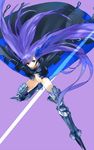  blue_eyes crotch_plate fate/extra fate/extra_ccc fate_(series) hair_ribbon izumi_minato long_hair meltlilith navel purple_background purple_hair revealing_clothes ribbon solo very_long_hair 