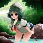  arano_oki black_hair breasts cleavage forest green_eyes hat hishaku large_breasts murasa_minamitsu nature rock sailor sailor_collar sailor_hat school_swimsuit short_hair smile solo swimsuit swimsuit_under_clothes touhou tree water 
