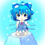  :o ahoge blue_background blue_eyes blue_hair blush_stickers bow chibi cirno dress hair_bow hand_on_hip ice looking_at_viewer lowres ribbon rurikitsune short_hair simple_background snow snow_on_head solo standing_on_object touhou wings 