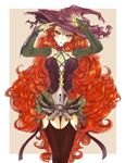  arms_up belt black_legwear bracelet breasts brown_eyes chain curly_hair hat jewelry keyhole large_breasts long_hair original red_hair rinhachi simple_background solo star thighhighs very_long_hair wand witch_hat 