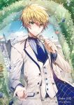  1boy arthur_pendragon_(fate) blue_neckwear blue_sky castle cloud company_name fate/grand_order fate_(series) floral_arch flower formal green_eyes hair_between_eyes holding holding_flower male_focus mura_karuki necktie official_art pants petals sky solo standing suit sunlight vest white_pants white_suit 