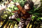  angel31424 ascot bad_id bad_pixiv_id belt black_hair blue_eyes boots cape dual_wielding emblem forest holding jacket levi_(shingeki_no_kyojin) male_focus nature paradis_military_uniform reverse_grip shingeki_no_kyojin solo sword thigh_strap three-dimensional_maneuver_gear weapon wire 