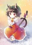  animal_ears bad_id bad_pixiv_id bell brown_hair cat_ears cat_tail chen hat multiple_tails red_eyes seal_(pukozin) short_hair skirt smile solo tail touhou 