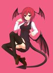  ascot bat_wings black_legwear commentary_request demon_tail dress_shirt full_body garter_straps head_wings highres jitome koakuma loafers pleated_skirt ponkotsu_(ayarosu) red_eyes red_hair shirt shoes short_hair skirt solo tail thighhighs touhou vest wings 