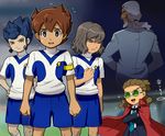  beard blue_hair brown_hair closed_eyes earth_eleven facial_hair formal from_behind goggles inazuma_eleven_(series) inazuma_eleven_go inazuma_eleven_go_galaxy kageyama_reiji kidou_yuuto lightning_bolt male_focus matsukaze_tenma mizuhara_aki multiple_boys necktie open_mouth shindou_takuto soccer_uniform sportswear suit sweat tears tsurugi_kyousuke 