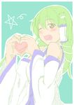  detached_sleeves frog_hair_ornament green_hair hair_ornament heart heart-shaped_pupils heart_hands highres kochiya_sanae long_hair niwatazumi open_mouth snake_hair_ornament solo symbol-shaped_pupils touhou 