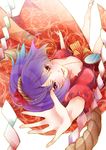  ami7 arm_up bad_id bad_pixiv_id blush from_below hair_ornament highres looking_up open_mouth purple_hair red_eyes rope shimenawa short_hair smile solo touhou yasaka_kanako 