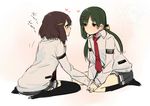  brown_hair couple eye_contact green_hair hair_ornament hairclip hanada_kirame heart holding_hands inset long_hair looking_at_another multiple_girls saki saki_achiga-hen school_uniform shindouji_school_uniform shirouzu_mairu short_hair sitting sketch thighhighs tsuruta_himeko wariza yomosaka yuri 