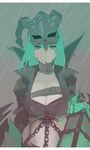  bad_id bad_pixiv_id belt breasts chain cleavage genderswap genderswap_(mtf) green_eyes green_hair lantern large_breasts league_of_legends midriff minma rain short_hair solo thresh 