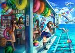  ball banner barefoot beachball bikini bird black_hair braid brown_eyes brown_hair daphne_zhang day drink flower green_eyes hair_flower hair_ornament highres innertube kooribata long_hair multiple_girls nobori ocean original railroad_tracks school_uniform seagull serafuku shading_eyes skirt sky smile swimsuit twintails water 