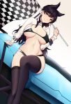  1163186334 1girl absurdres alternate_costume animal_ears atago_(azur_lane) azur_lane bangs bikini black_bikini black_hair black_legwear breasts car checkered checkered_flag cleavage closed_mouth commentary_request dutch_angle extra_ears flag ground_vehicle hair_ribbon highres hips large_breasts legs logo long_hair looking_at_viewer motor_vehicle navel race_queen ribbon shrug simple_background smile solo swept_bangs swimsuit thighhighs thighs white_background white_ribbon wrist_cuffs yellow_eyes 