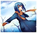  absurdres ahoge black_legwear blue_eyes blue_hair coat copyright_request gloves highres nanakusa orange_scarf outstretched_arms pantyhose scan scarf smile snowing solo spread_arms treble_clef 