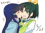  aoki_reika blue_hair blush cheek_kiss closed_eyes couple dated green_eyes green_hair happy heart kiss long_hair midorikawa_nao multiple_girls nanairogaoka_middle_school_uniform one_eye_closed open_mouth ponytail precure school_uniform simple_background sketch smile smile_precure! translated upper_body white_background yomosaka yuri 