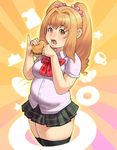  anepizza-senpai bad_id bad_pixiv_id belly black_legwear blonde_hair borrowed_character breasts brown_eyes eating food hair_intakes hamburger lips long_hair maou_alba medium_breasts miniskirt original pinky_out pleated_skirt plump scrunchie skirt solo sweatdrop thick_thighs thighhighs thighs twintails 