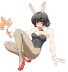 animal_ears black_hair blush bow bowtie breasts bunny_ears bunnysuit cleavage condom condom_wrapper detached_collar fan fishnet_pantyhose fishnets looking_at_viewer medium_breasts mouth_hold pantyhose red_eyes shameimaru_aya short_hair solo touhou wrist_cuffs youu_(midgard) 
