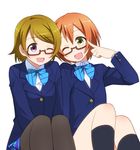  ;d bespectacled black_legwear blazer blush brown_hair glasses hoshizora_rin jacket kneehighs koizumi_hanayo love_live! love_live!_school_idol_project multiple_girls one_eye_closed open_mouth otonokizaka_school_uniform pantyhose purple_eyes school_uniform short_hair skirt smile umekichi yellow_eyes 