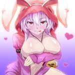  :p animal_hood arm_strap blush breasts bunny_hood carro_(watarui) center_opening covering covering_breasts heart highres hood hoodie jewelry large_breasts long_hair looking_at_viewer naked_hoodie navel necklace original red_eyes shoes sitting smile solo tongue tongue_out watarui white_hair 