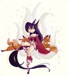  ahri animal_ears bare_shoulders detached_sleeves fox fox_ears fox_tail inkinesss korean_clothes league_of_legends long_hair multiple_tails sitting smile solo tail very_long_hair yellow_eyes 