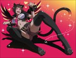  animal_ears ars_goetia belt black_hair black_legwear breasts cat_ears cat_tail full_body grey_skin kyousaku large_breasts midriff mygrimoire navel necktie paw_pose pink_background red_eyes short_hair shorts sitri_(mygrimoire) smile solo tail thighhighs wrist_cuffs 