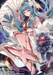  anklet blue_hair dino_(trexsilence) feet fire flower geta hair_flower hair_ornament japanese_clothes jewelry kimono komainu long_hair night oriental_umbrella parasol rain red_eyes sandals sitting solo statue tenka_touitsu_chronicle umbrella 