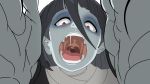  black_hair blue_skin long_hair looking_at_viewer open_mouth pettan pov red_eyes saliva simple_background solo teeth tongue upper_body uvula white_background yamada_tae zombie zombie_land_saga 