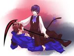  armband bad_id bad_pixiv_id blood blue_hair boots bow brown_hair cat_tail coat frederica_bernkastel genderswap genderswap_(ftm) hair_pull holding holding_scythe injury looking_at_another lying multicolored_hair multiple_boys nobicco pants purple_eyes requiem_of_the_golden_witch scythe streaked_hair tail two-tone_hair umineko_no_naku_koro_ni vest willard_h_wright 