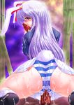  absurdres animal_ears ass bamboo bamboo_shoot blush bunny_tail fake_animal_ears highres licking long_hair looking_back masturbation panties reisen_udongein_inaba solo striped striped_panties suggestive_fluid tail touhou underwear 