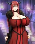  1girl blush breasts cleavage covered_nipples dress erect_nipples highres horn huge_breasts inomaru long_hair looking_at_viewer maou_(maoyuu) maoyuu_maou_yuusha red_eyes red_hair smile solo stairs standing statue 