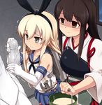  2girls admiral_(kantai_collection) akagi_(kantai_collection) anchor anchor_hair_ornament black_panties blonde_hair blush brown_eyes brown_hair bucket collarbone cum elbow_gloves empty_eyes gloves grey_eyes hair_ornament hairband hand_on_another's_shoulder handjob hetero japanese_clothes kantai_collection long_hair military military_uniform multiple_girls muneate navel null_(nyanpyoun) panties penis petite red_legwear shaded_face shimakaze_(kantai_collection) skirt sleeveless smile tears thighhighs translated trembling underwear uniform white_gloves 