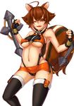  ahoge animal_ears bare_shoulders blazblue breasts brown_hair cameltoe covered_nipples crop_top dual_wielding fingerless_gloves gloves holding large_breasts lowleg makoto_nanaya marubonman midriff navel no_bra one_eye_closed open_mouth orange_skirt red_eyes revealing_clothes short_hair skirt solo squirrel_ears squirrel_tail tail thighhighs tonfa underboob weapon white_background zipper 