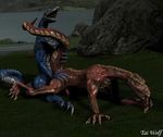  anal anal_penetration blue_scales claws dragon erection from_behind gay grass male nude open_mouth outside penetration penis red_scales sex sitting spread_legs spreading tai_wolf unknown_artist water 