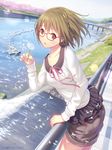  bad_id bad_pixiv_id banned_artist braid bridge brown_eyes brown_hair cherry_blossoms dandelion_seed glasses ilog mana_kakkowarai original river short_hair shorts skirt solo tree water waterfall 