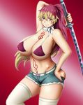  1girl ao_no_exorcist armpits arms_up bare_shoulders bikini_top blush breasts covered_nipples erect_nipples hand_on_hip highres hips huge_breasts inomaru kirigakure_shura legs long_hair looking_at_viewer multicolored_hair navel ponytail purple_eyes red_background scarf short_shorts shorts simple_background smile solo standing sword tattoo thighs weapon white_legwear 