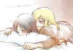  black_hair blonde_hair christa_renz freckles hair_down kagosumi lying multiple_girls on_stomach pillow shingeki_no_kyojin translated ymir_(shingeki_no_kyojin) yuri 