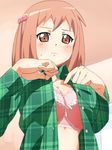  bow bow_bra bra breasts brown_eyes ckln cleavage flannel green_shirt hataraku_maou-sama! highres inconvenient_breasts large_breasts pink_bra polka_dot red_hair sasaki_chiho shirt short_hair short_twintails solo twintails underwear unmoving_pattern 