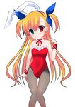  absurdres animal_ears bare_shoulders blonde_hair blush breasts bunny_ears bunnysuit cleavage detached_collar frills green_eyes hair_ribbon hairband heterochromia highres kazuta_(kazutan62) long_hair lyrical_nanoha mahou_shoujo_lyrical_nanoha_vivid medium_breasts pantyhose red_eyes ribbon smile solo two_side_up vivio white_background wrist_cuffs 