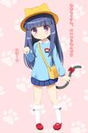  animal_ears bag bangs blue_hair blunt_bangs bow cat_ears full_body furude_rika gaou hat higurashi_no_naku_koro_ni kindergarten_bag kindergarten_uniform long_hair long_sleeves looking_at_viewer mary_janes name_tag paw_pose paw_print pigeon-toed pink_background purple_eyes red_footwear school_hat school_uniform shoes skirt smile socks solo standing tail translated 