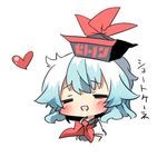  =_= bad_id bad_twitter_id blue_hair blush closed_eyes hat heart kamishirasawa_keine lowres open_mouth rebecca_(keinelove) short_hair simple_background smile solo touhou translated 