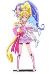  8041mm aida_mana blonde_hair blue_eyes blue_hair blush boots bow carrying_over_shoulder cure_diamond cure_heart dokidoki!_precure hand_on_hip highres hishikawa_rikka knee_boots long_hair multiple_girls one_eye_closed pink_bow pink_eyes pink_footwear pink_sleeves precure shadow simple_background smile standing white_background yuri 